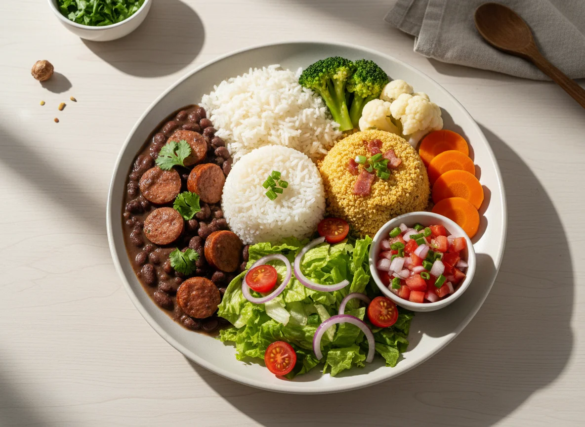 Prato variado com feijão, arroz, farofa e salada photo