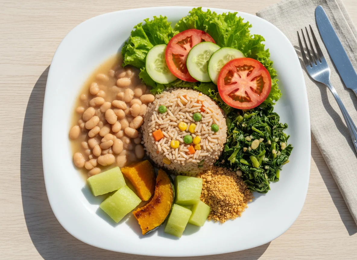 Prato variado com feijão, arroz, legumes e salada photo