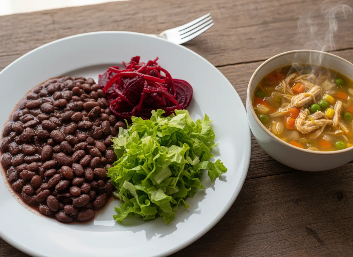 Prato variado com feijão, beterraba, alface e sopa de macarrão photo
