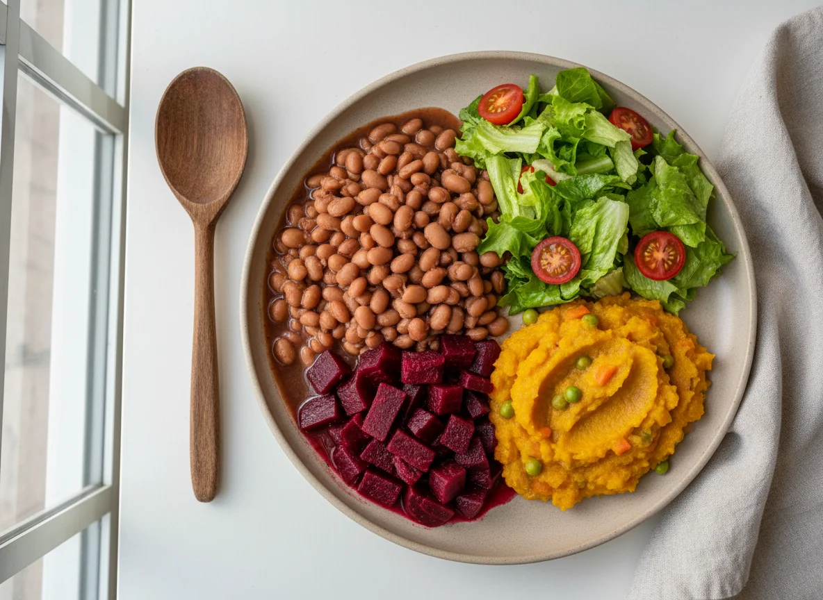 Prato variado com feijão, beterraba e salada photo