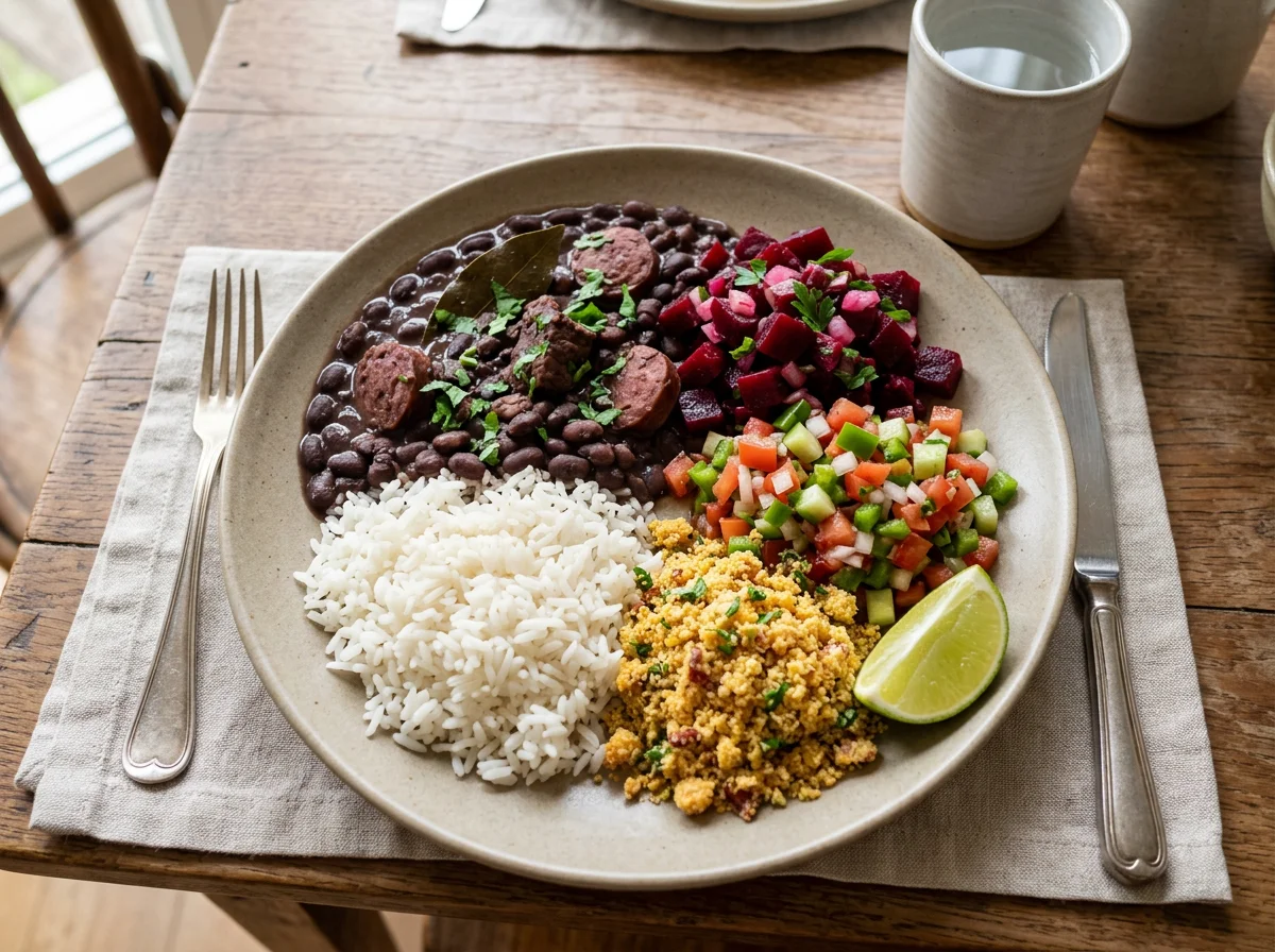 Prato variado com feijão, carne, arroz e saladas photo