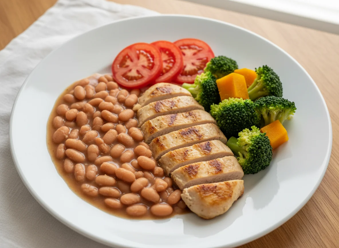 Prato variado com feijão e frango photo