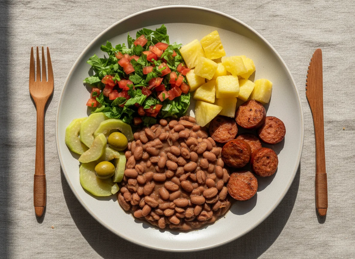Prato variado com feijão, linguiça, batata, salada e abacaxi photo