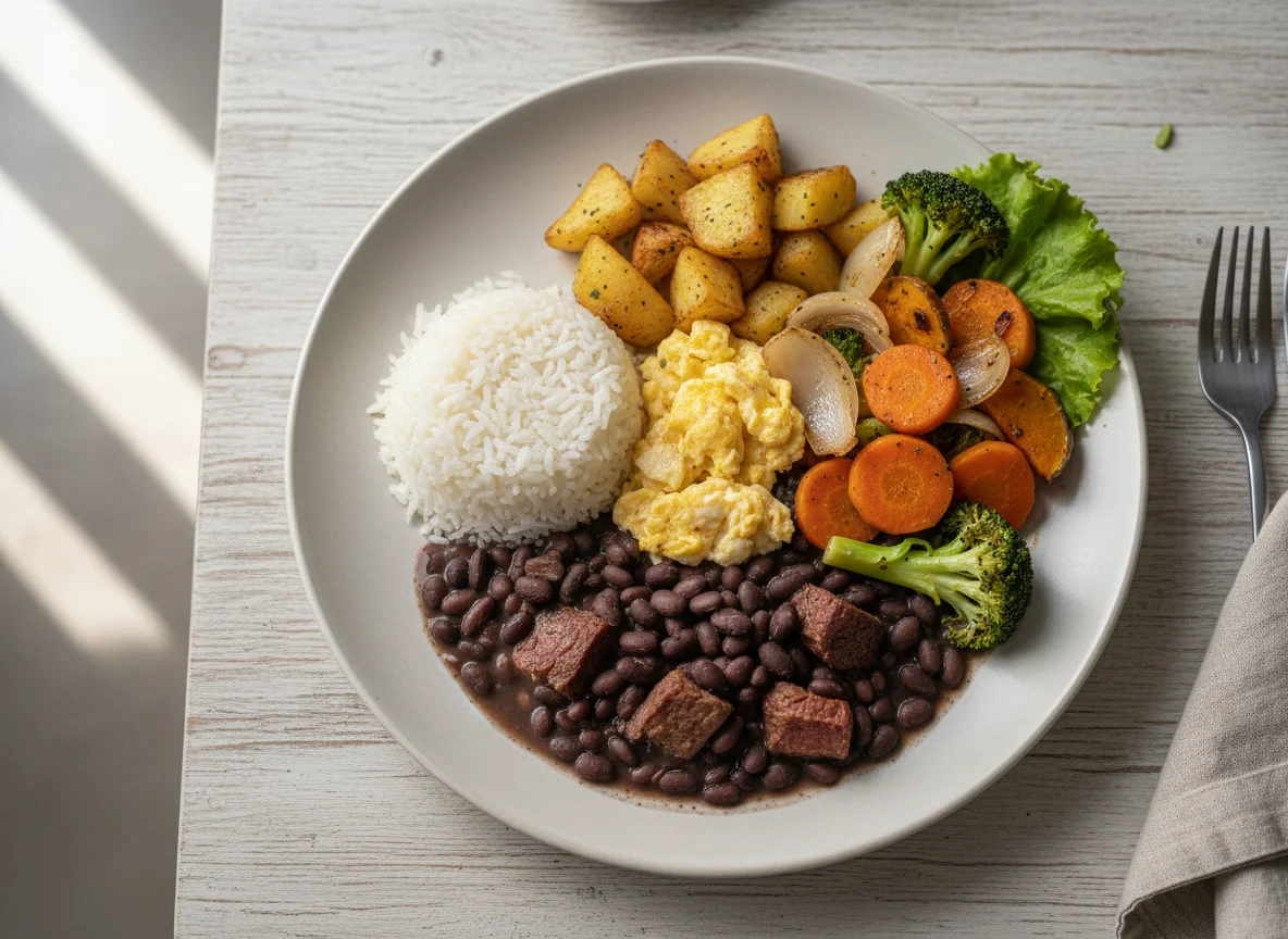 Prato variado com feijão, ovos e vegetais photo