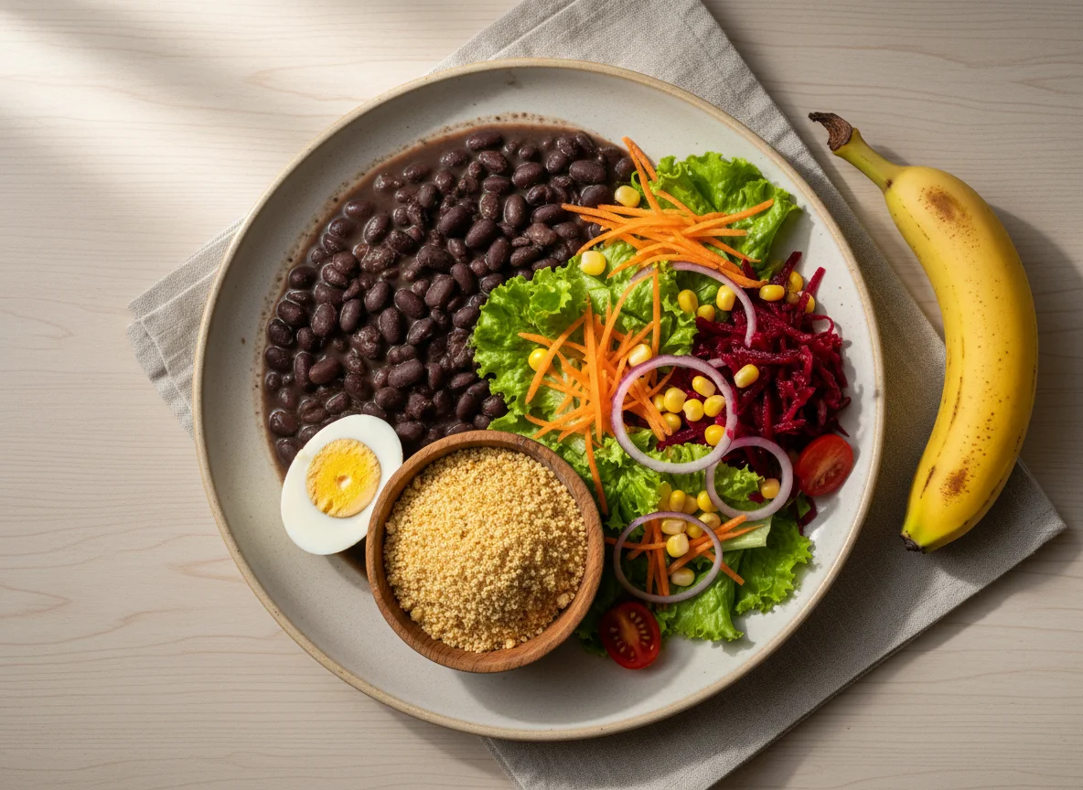 Prato variado com feijão, ovos, salada e banana photo