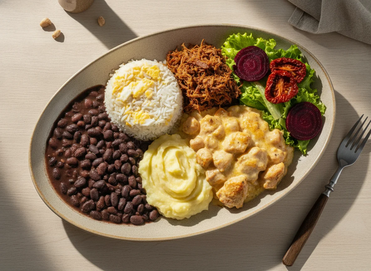 Prato variado com feijão preto, salada e carnes photo