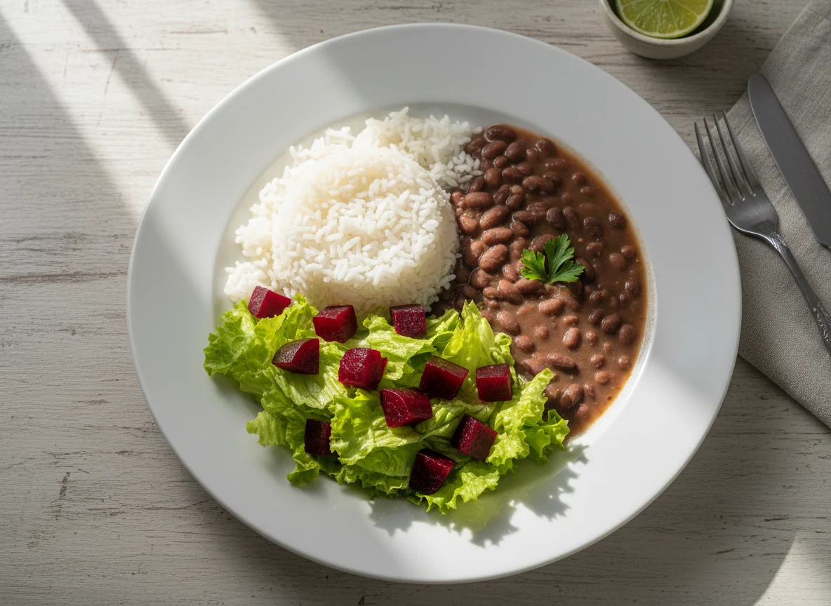 Prato variado com feijão, salada e beterraba photo