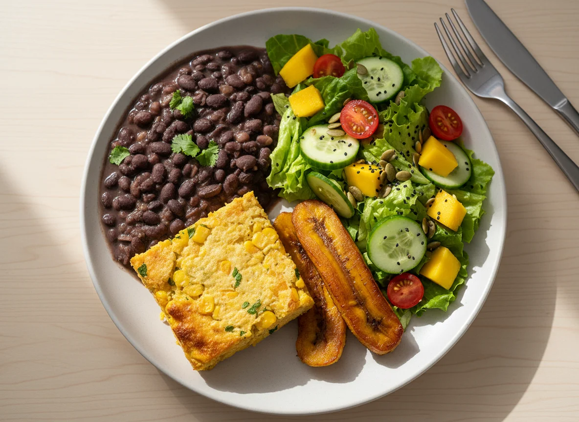 Prato variado com feijão, salada e torta salgada photo