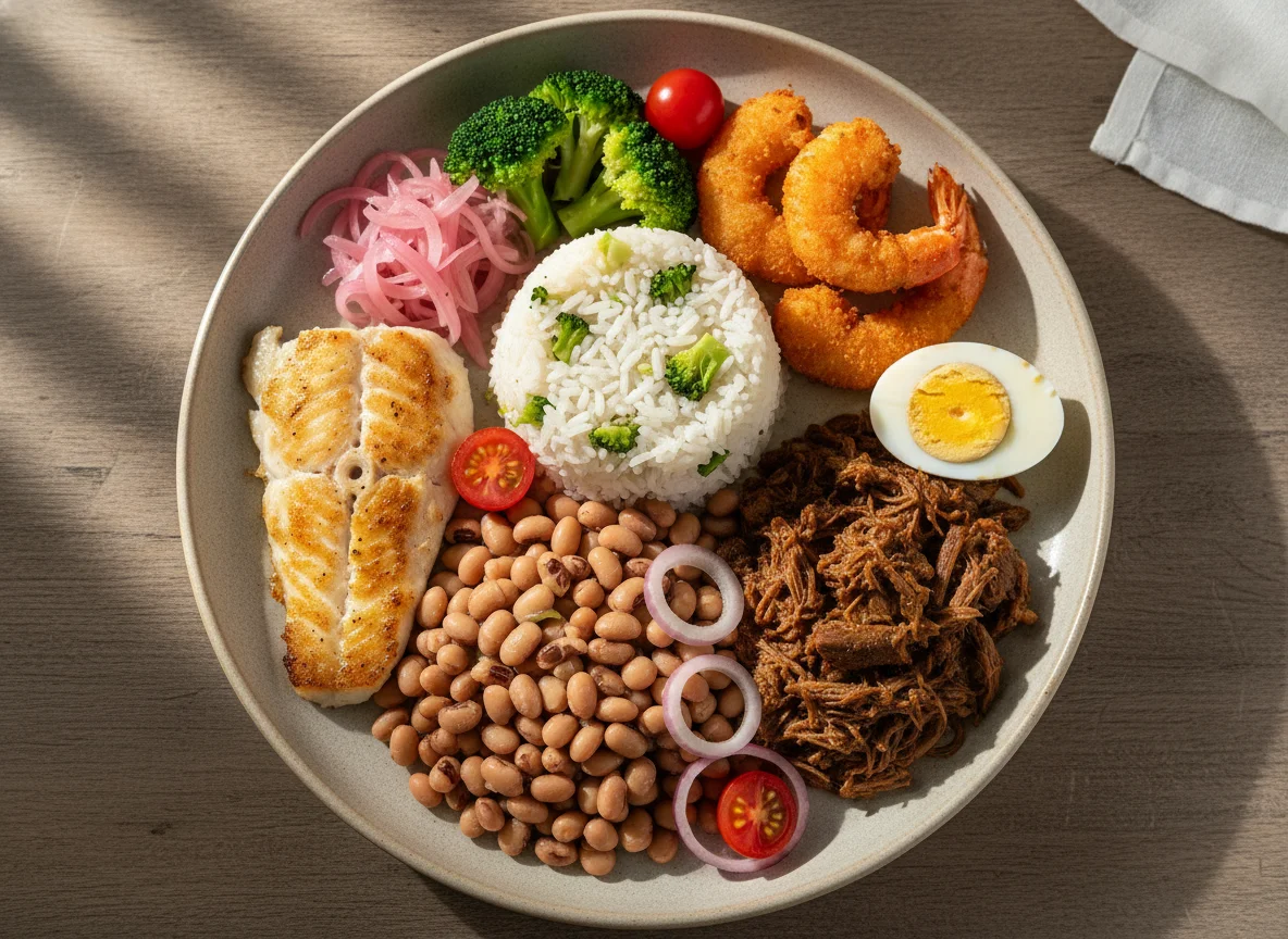 Prato variado com feijão-fradinho e peixe photo