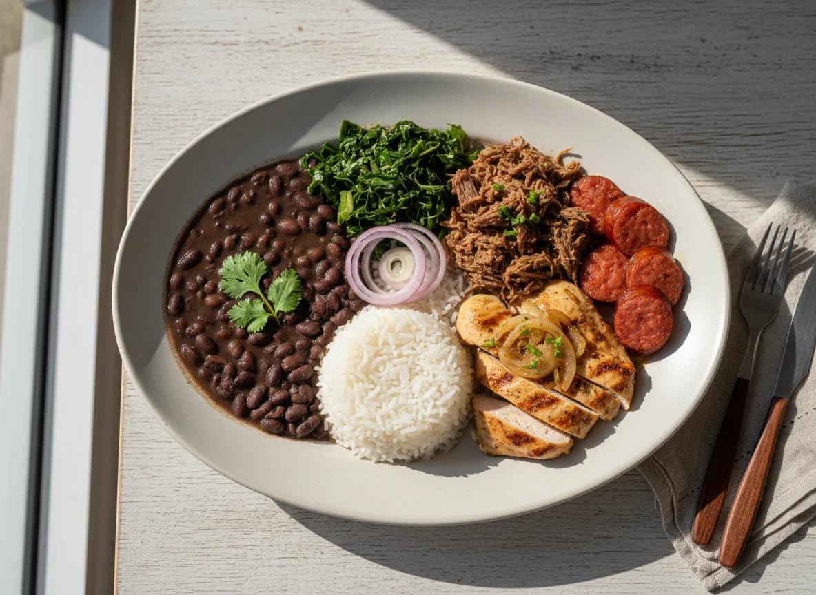 Prato variado com feijoada e carnes photo