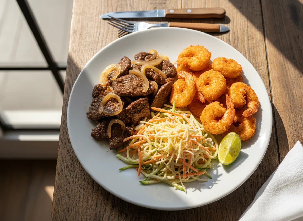 Prato variado com fígado, salada e camarão empanado photo