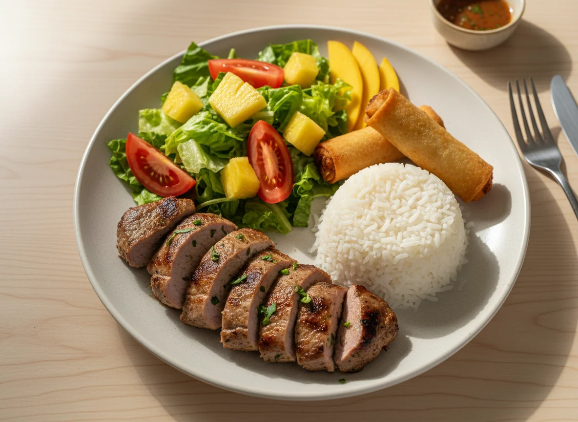 Prato variado com filé mignon suíno, arroz, salada e rolinho primavera photo