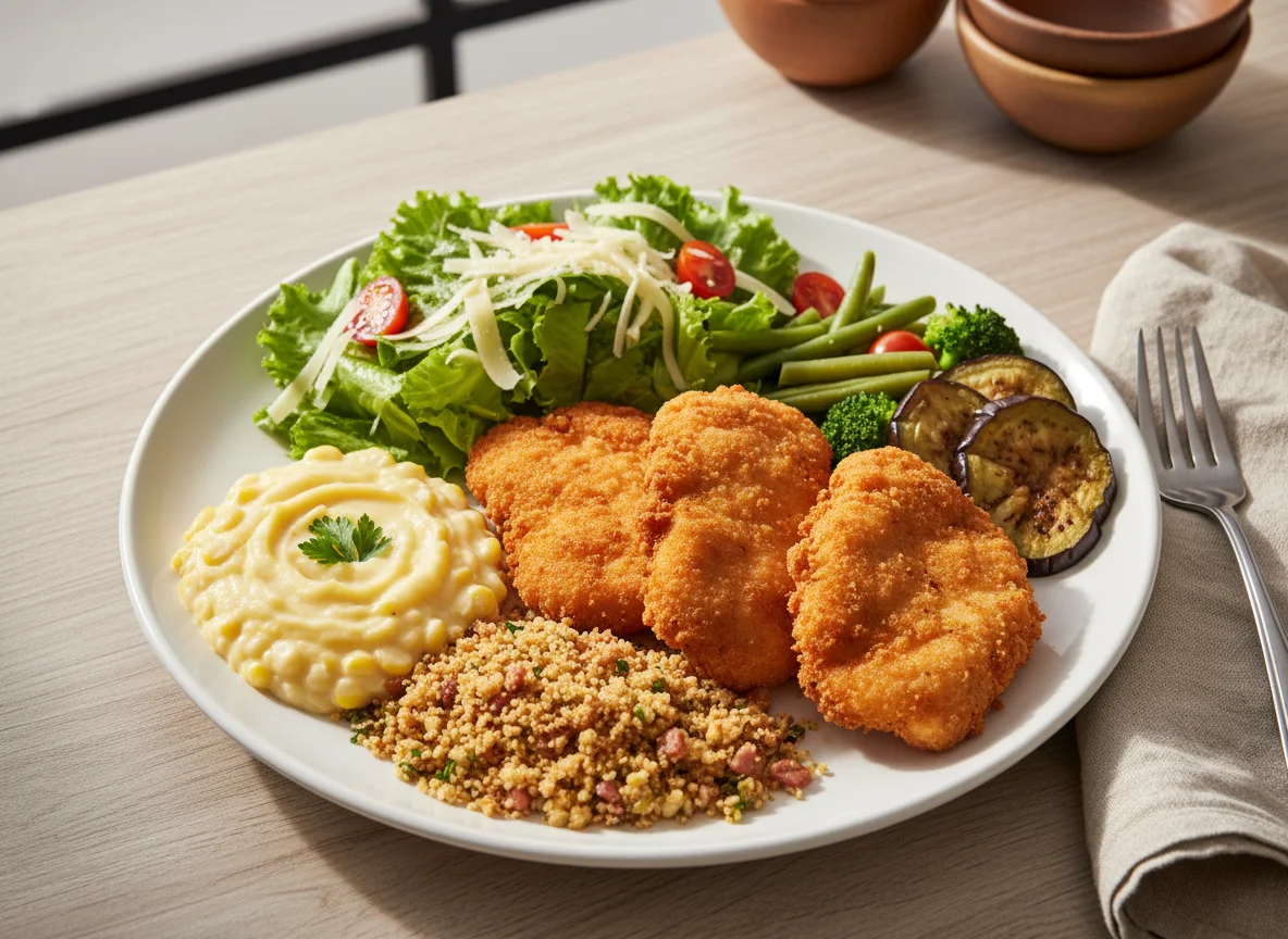 Prato variado com frango à milanesa photo