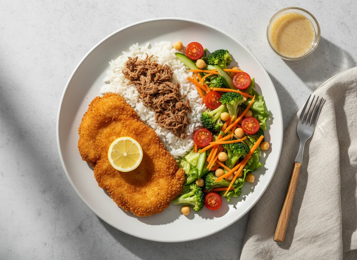 Prato variado com frango à milanesa e arroz photo