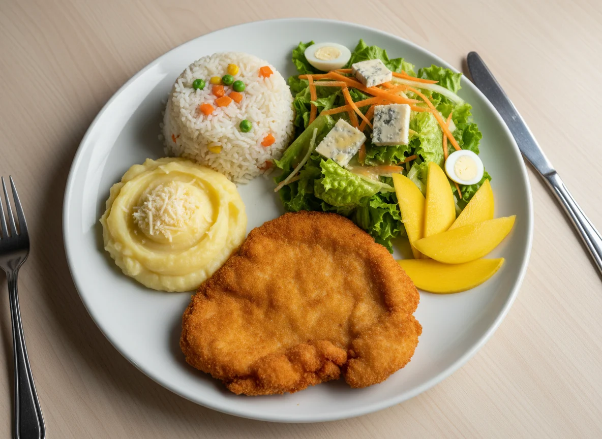 Prato variado com frango à milanesa e salada photo