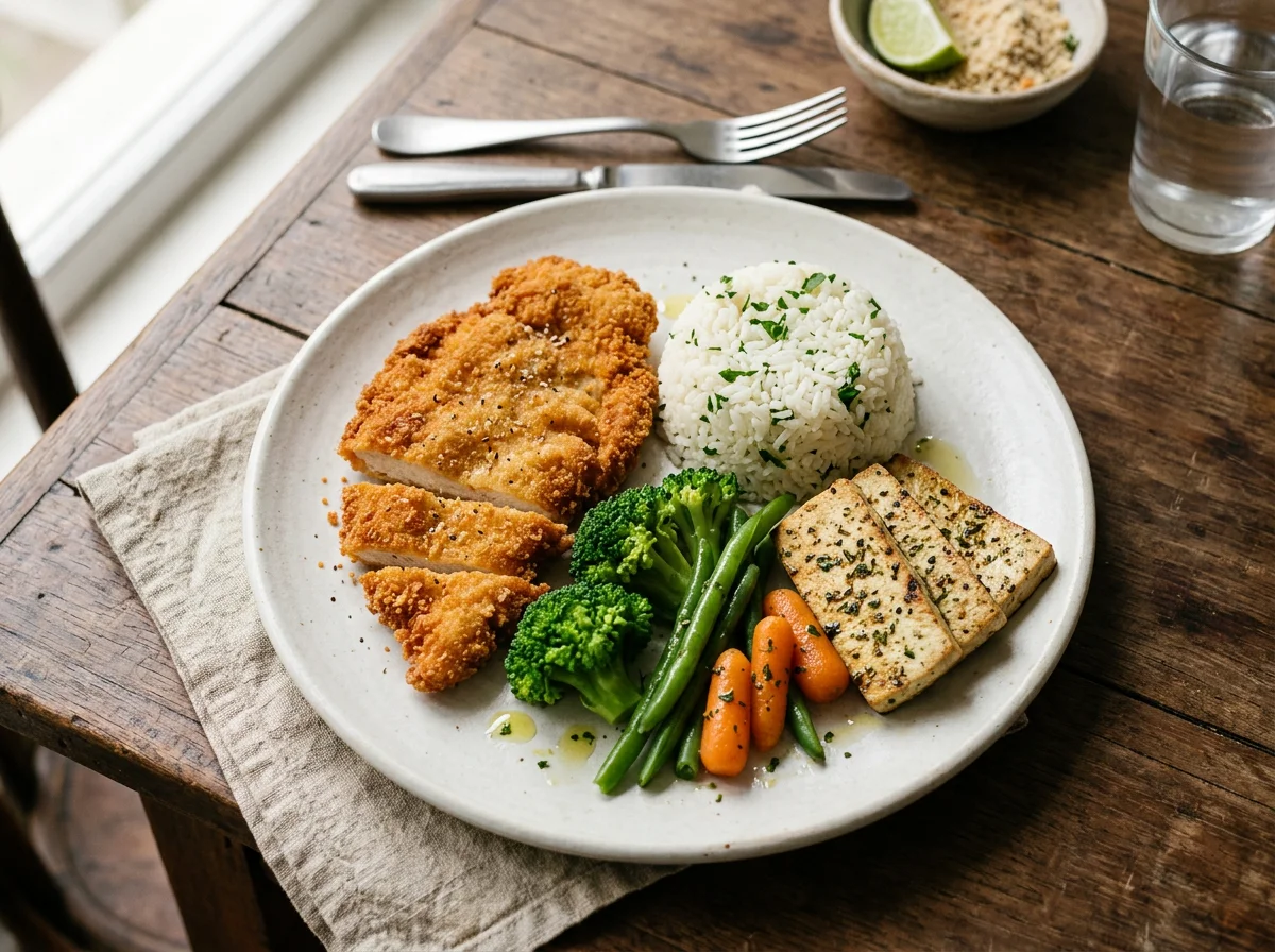 Prato variado com frango à milanesa e vegetais photo