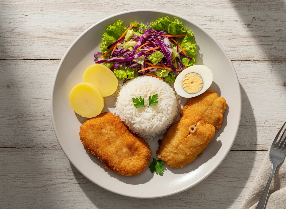 Prato variado com frango à milanesa, peixe frito, arroz, salada e ovo cozido photo