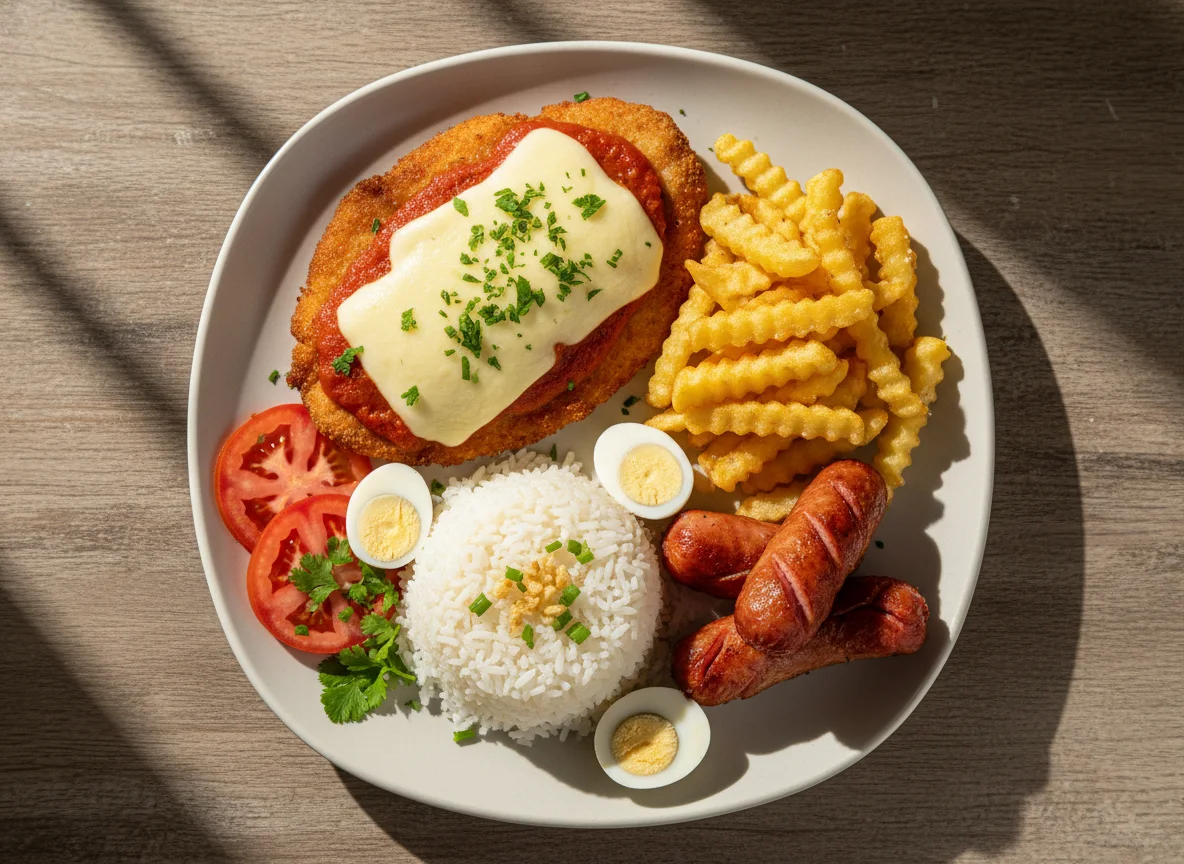 Prato variado com frango à parmegiana, batata frita e salada photo