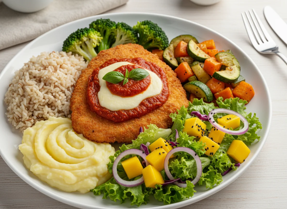 Prato variado com frango à parmegiana e salada de manga photo