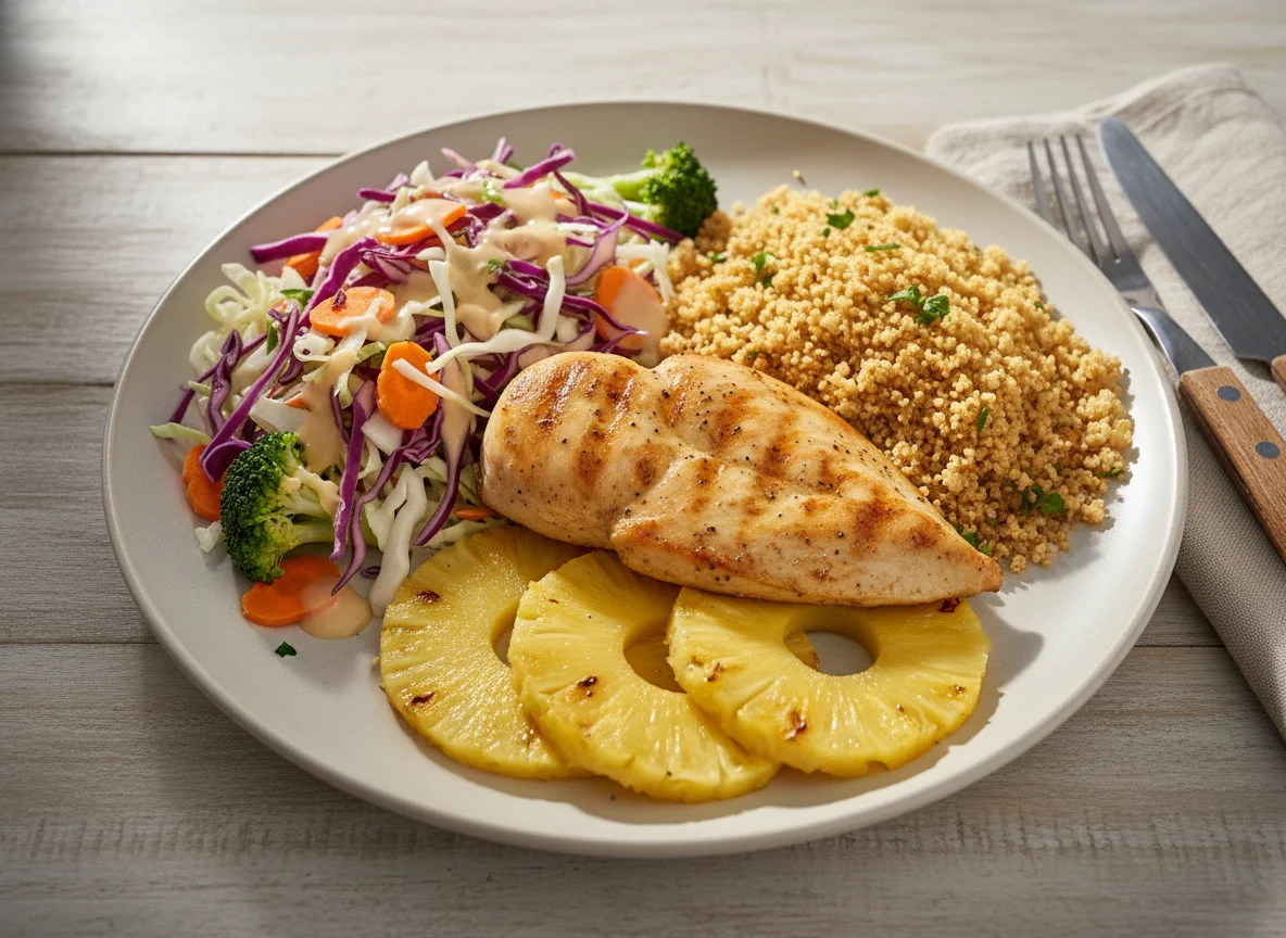 Prato variado com frango, abacaxi e salada photo