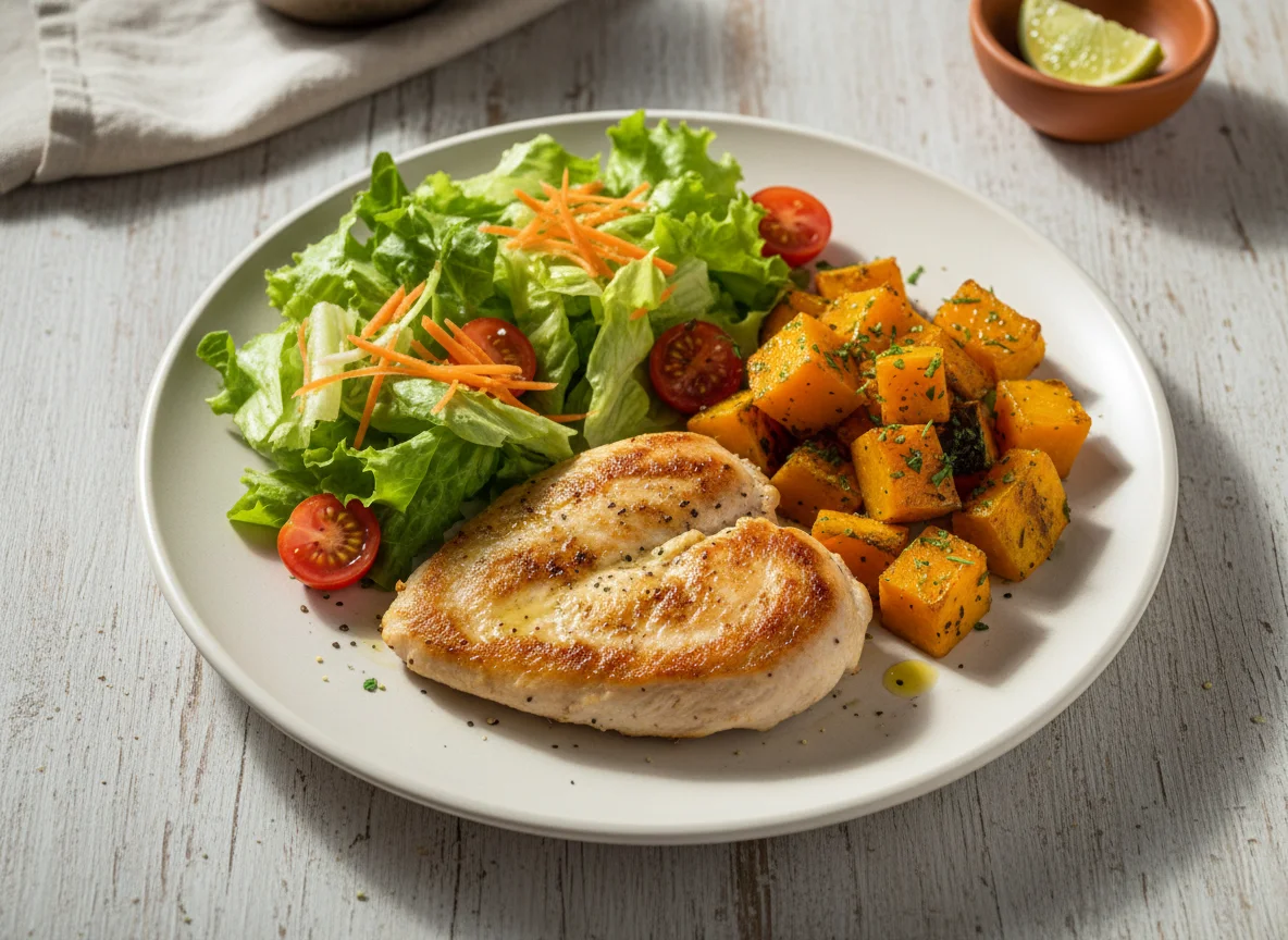 Prato variado com frango, abóbora e salada photo