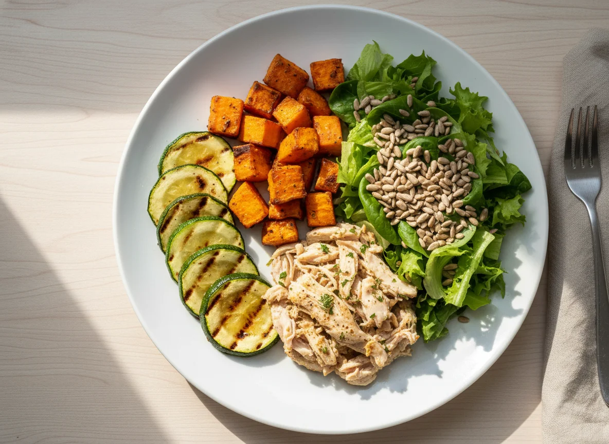 Prato variado com frango, abobrinha, batata doce e salada photo