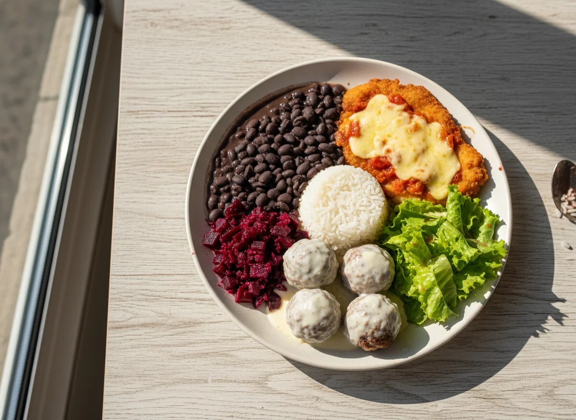 Prato variado com frango, almôndegas e acompanhamentos photo