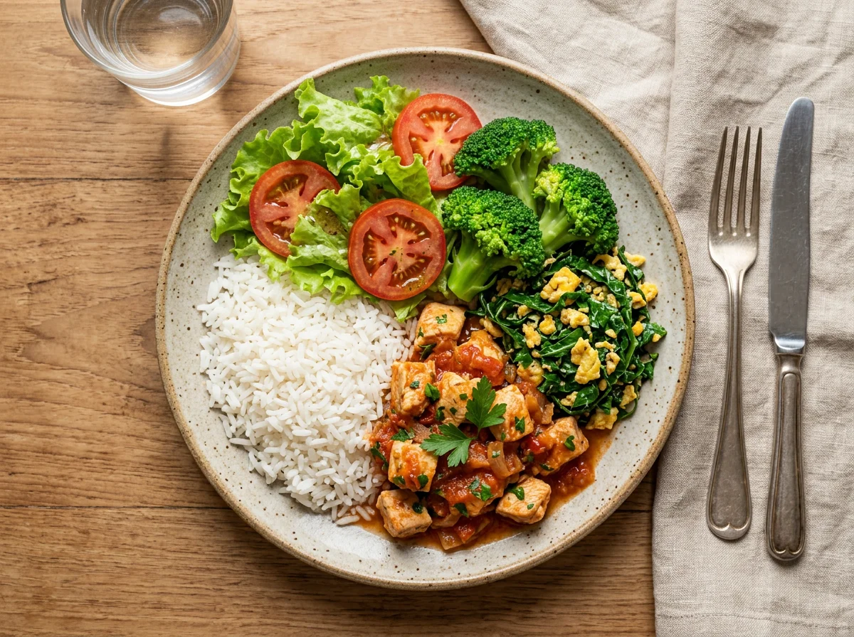 Prato variado com frango ao molho, arroz e salada photo