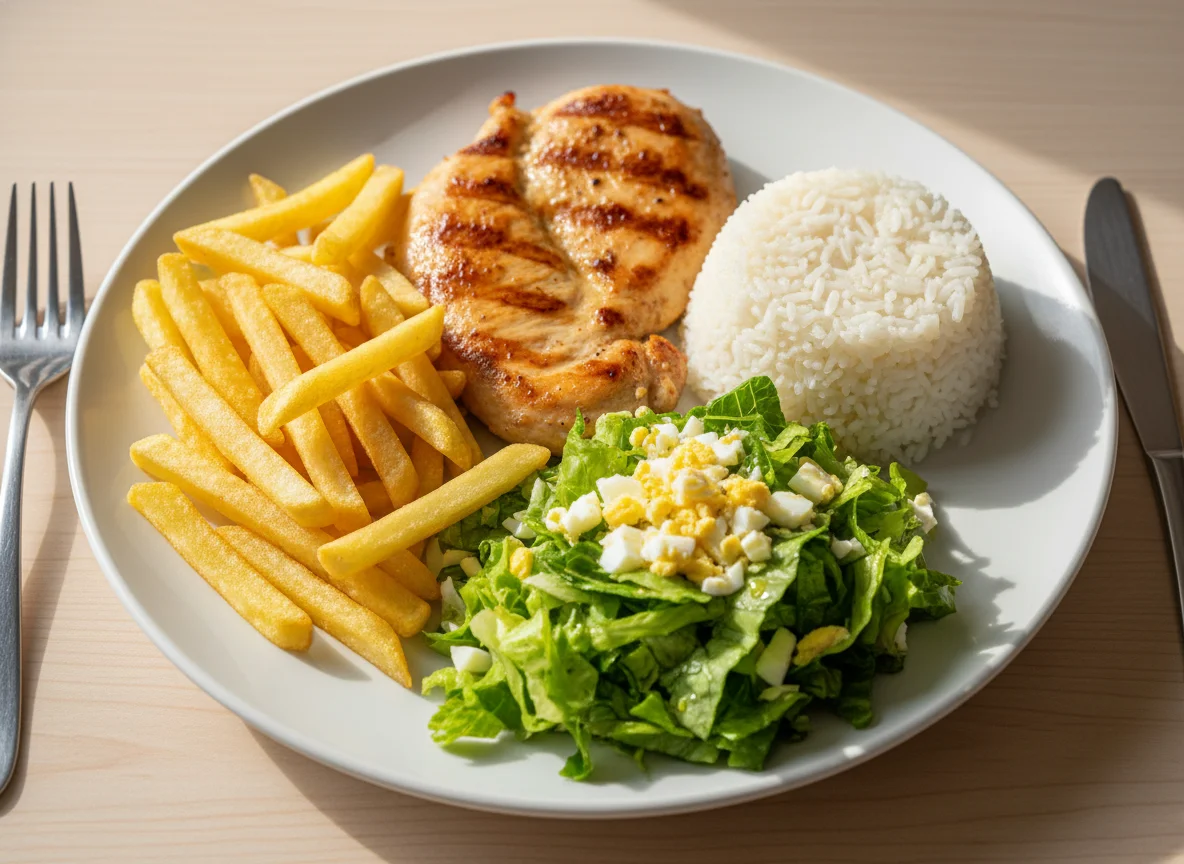 Prato variado com frango, arroz, batata frita e salada photo