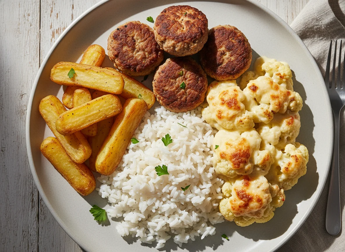 Prato variado com frango, arroz, batatas e couve-flor gratinada photo