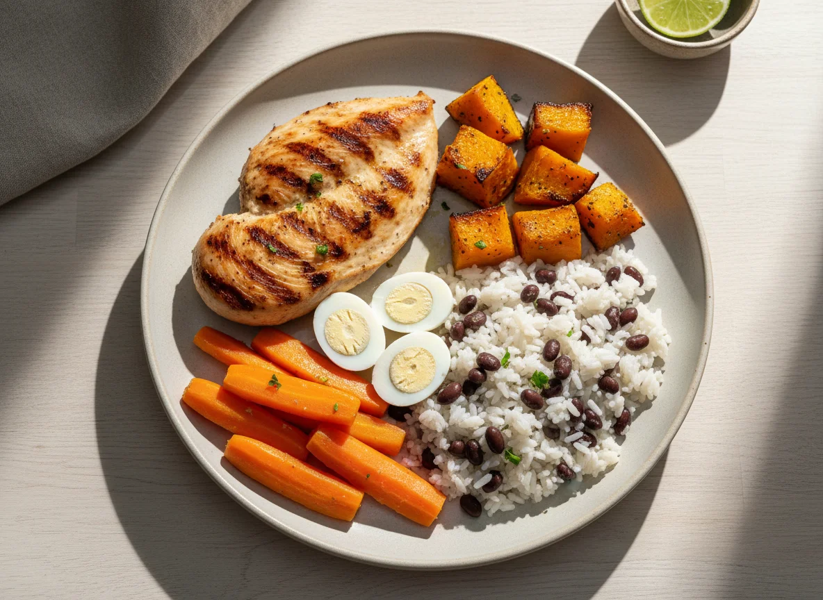 Prato variado com frango, arroz e legumes photo