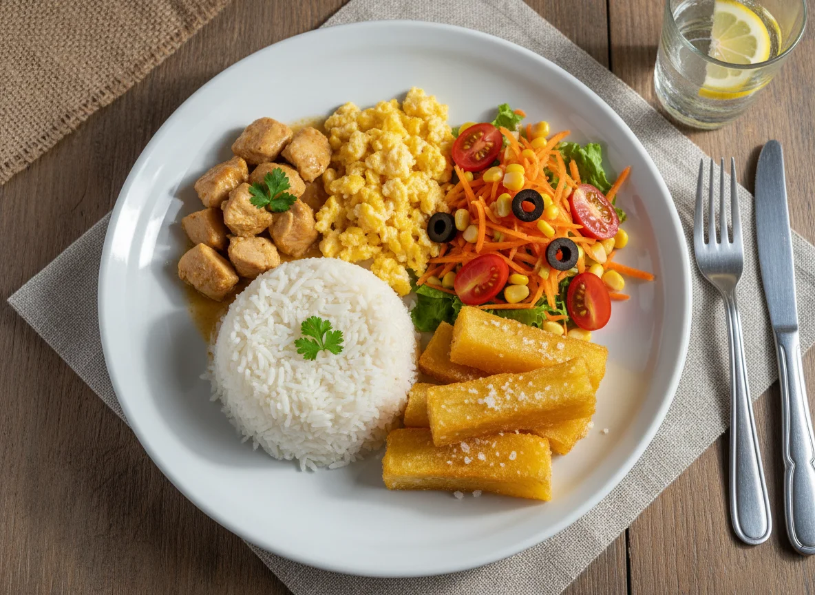 Prato variado com frango, arroz e salada photo