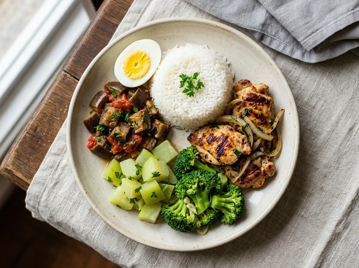 Prato variado com frango, arroz e vegetais photo