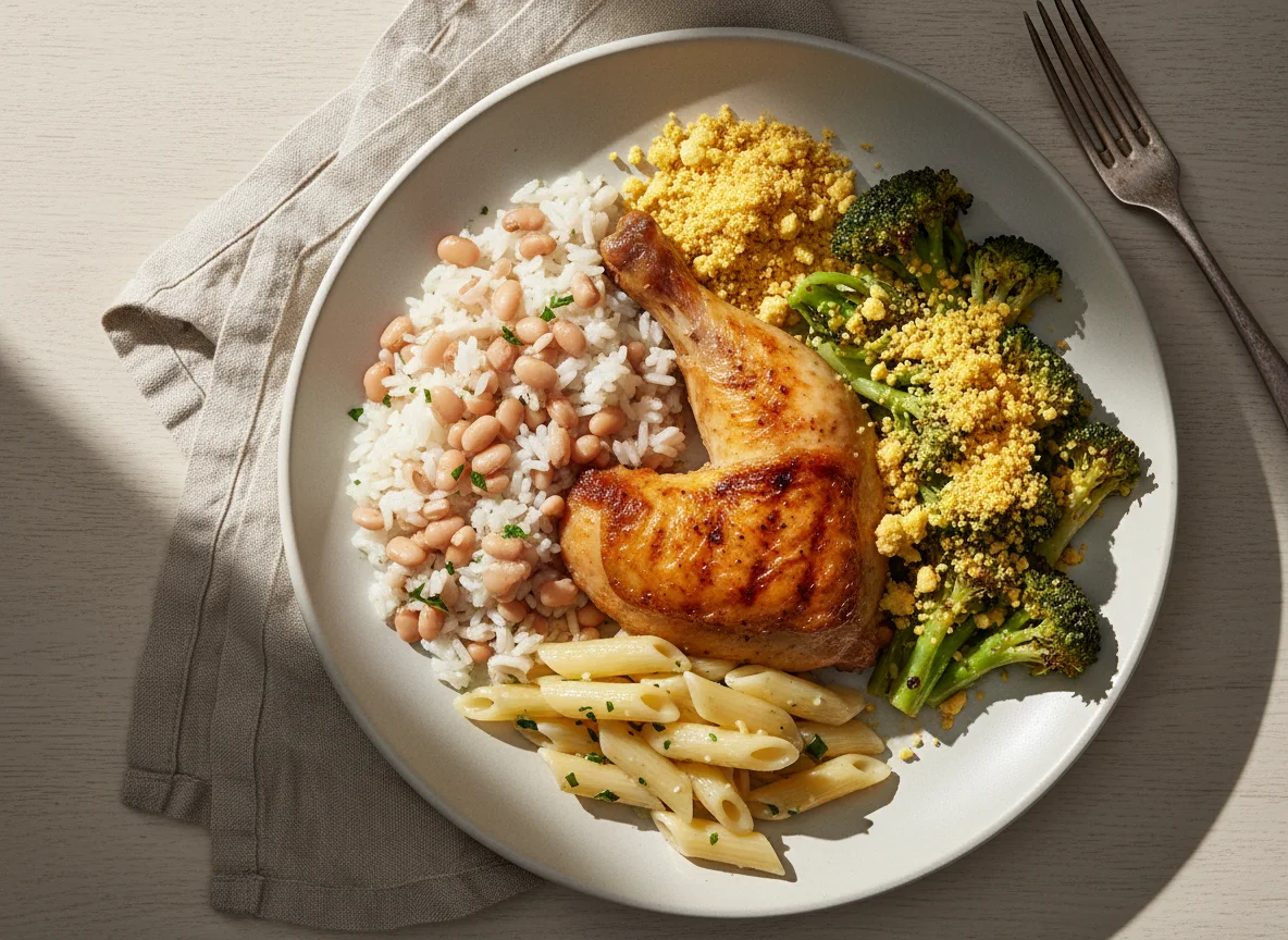 Prato variado com frango, arroz, feijão e brócolis photo