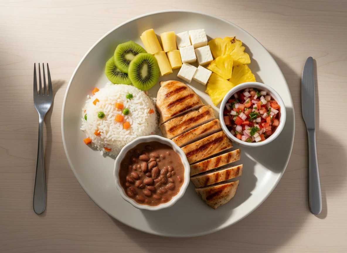 Prato variado com frango, arroz, feijão e frutas photo