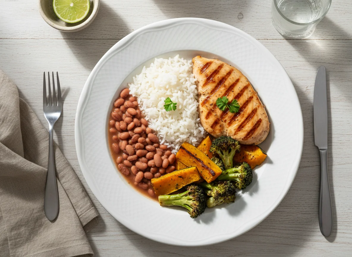 Prato variado com frango, arroz, feijão e vegetais photo