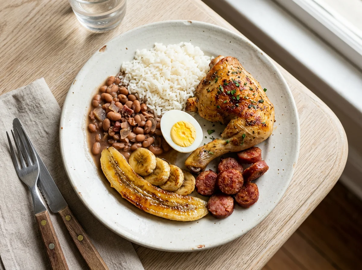 Prato variado com frango, arroz, feijão, ovo e banana photo