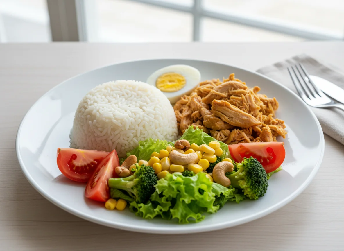 Prato variado com frango, arroz, ovo e salada photo