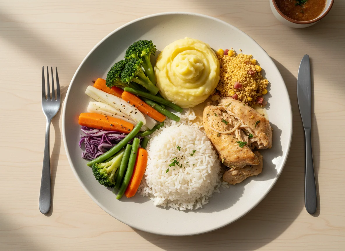 Prato variado com frango, arroz, purê e legumes photo