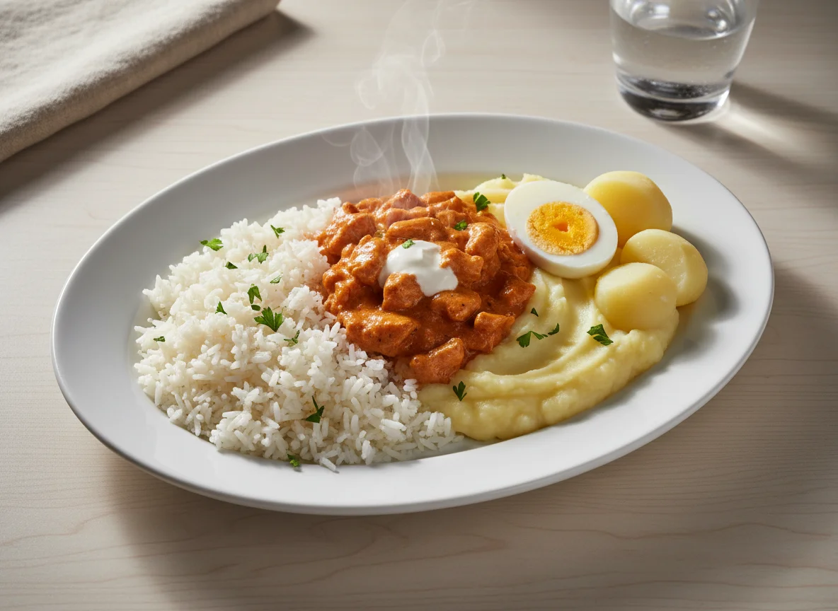 Prato variado com frango, arroz, purê e ovo photo