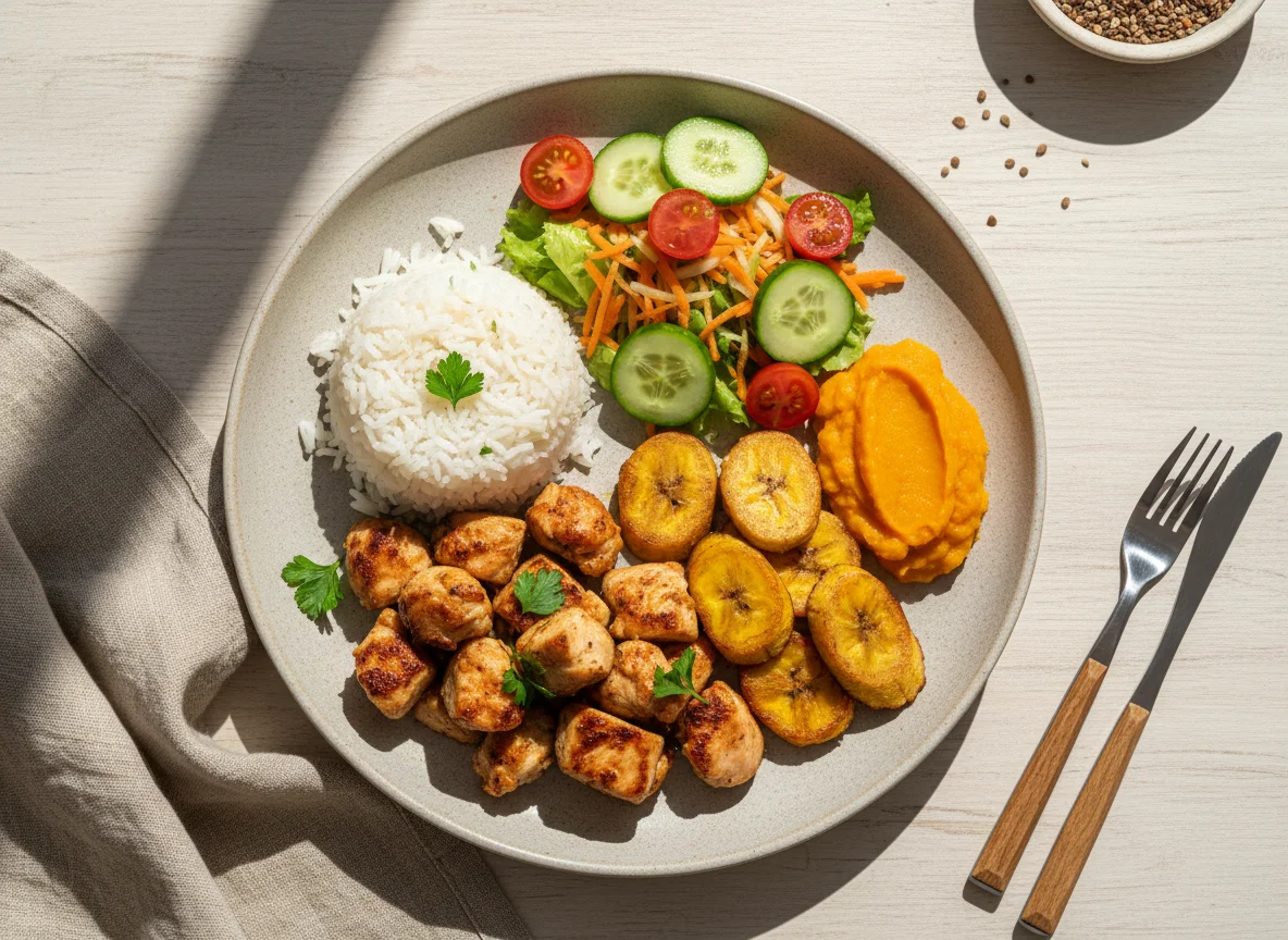 Prato variado com frango, arroz, salada e banana da terra photo