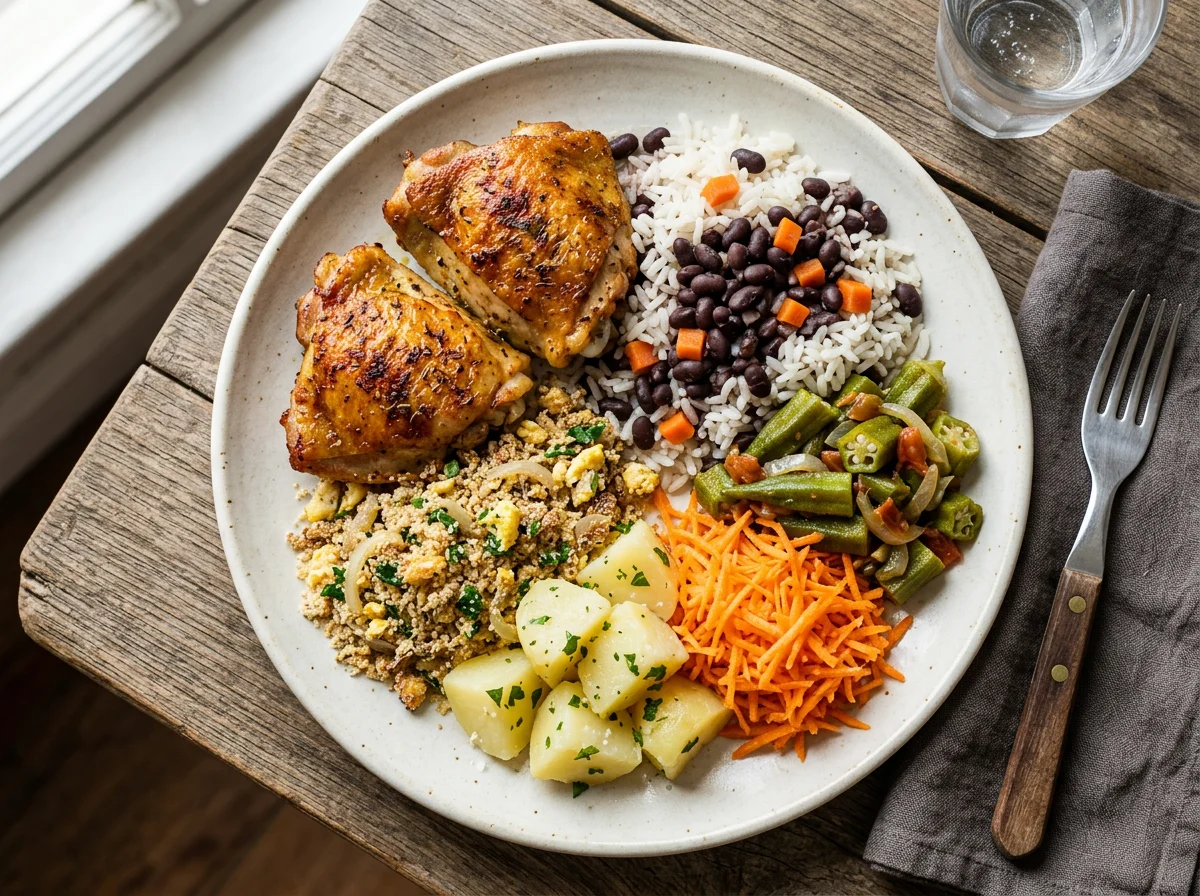 Prato variado com frango assado e acompanhamentos photo