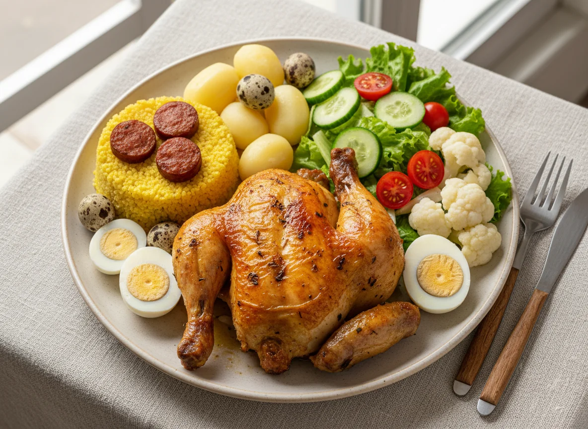 Prato variado com frango assado e salada photo