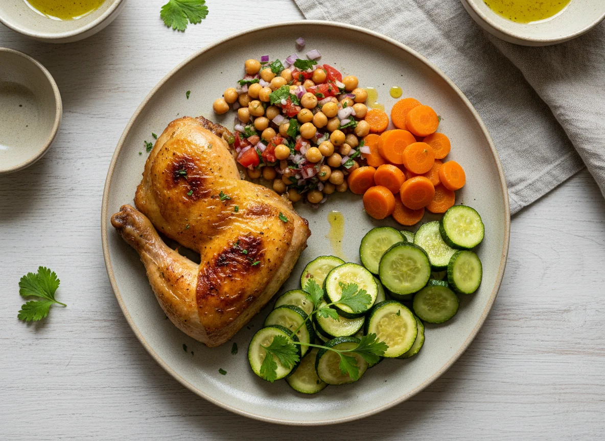 Prato variado com frango assado e saladas photo