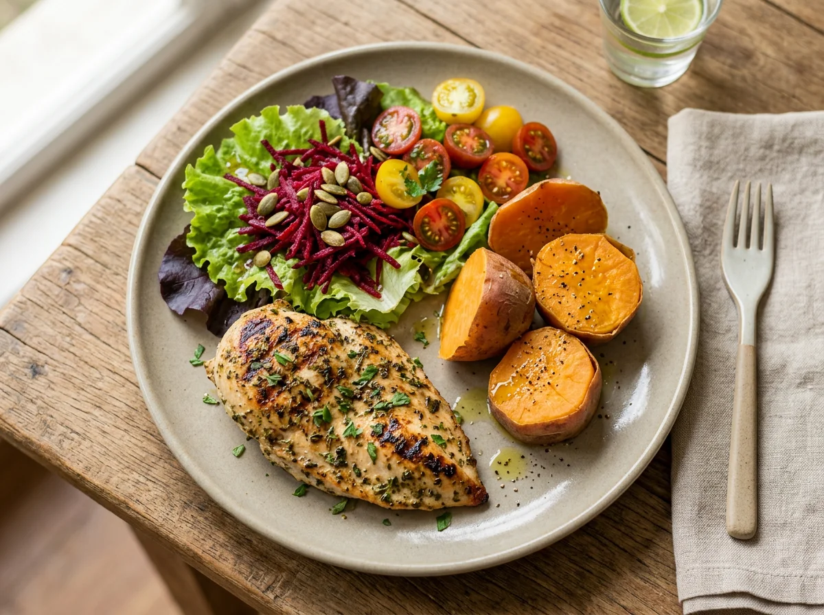 Prato variado com frango, batata doce e salada photo