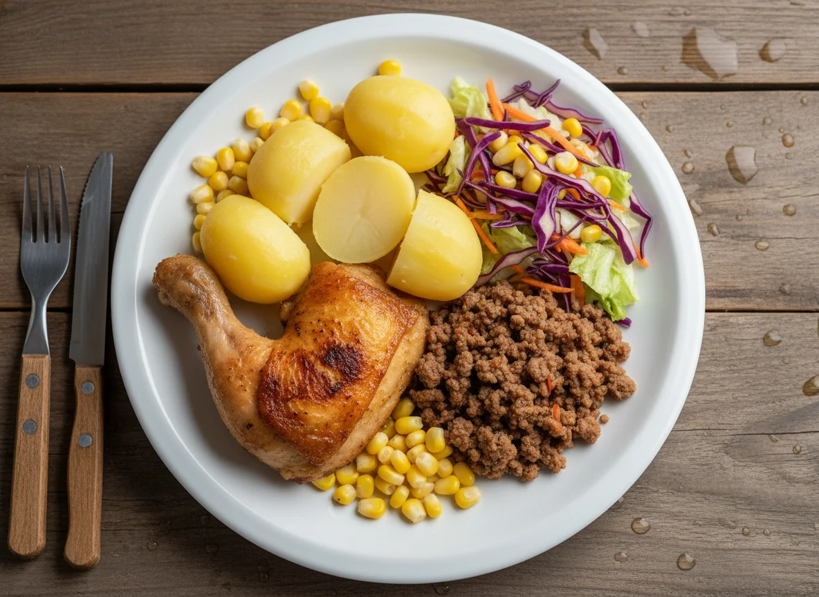 Prato variado com frango, batatas e salada photo