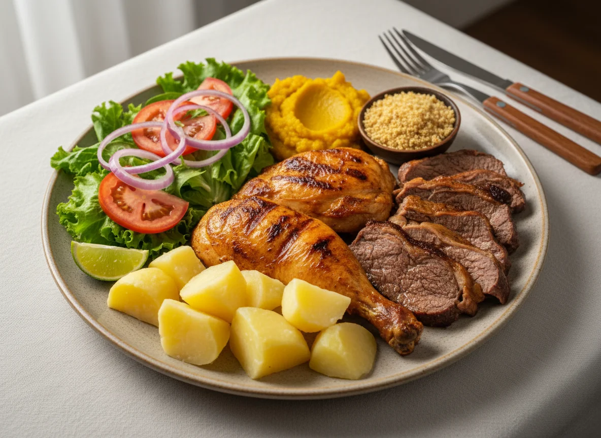 Prato variado com frango, carne, batatas e salada photo