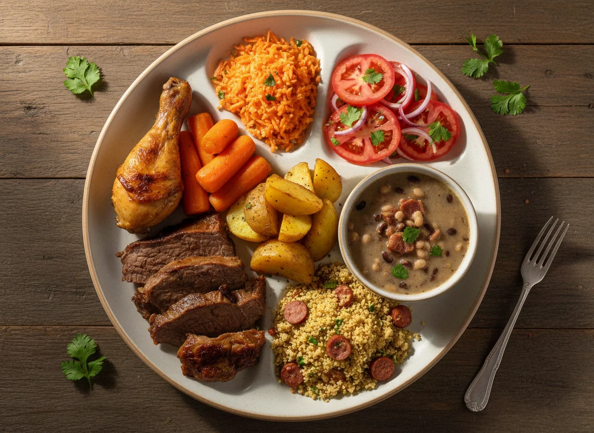 Prato variado com frango, carne e acompanhamentos photo