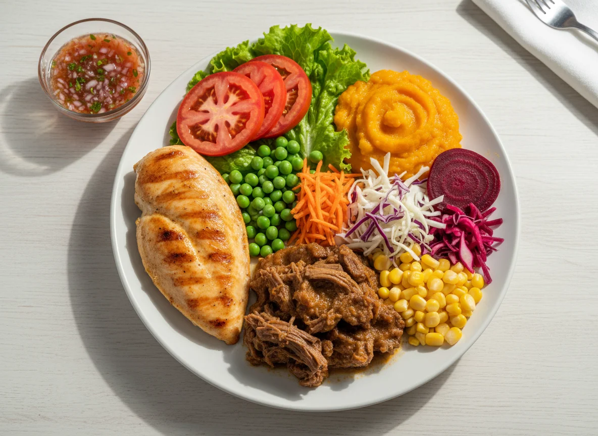 Prato variado com frango, carne e purê de abóbora photo