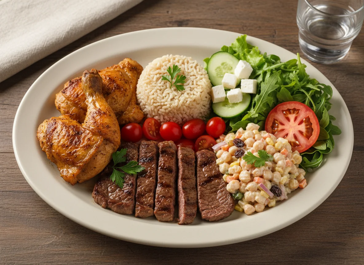 Prato variado com frango, carne e saladas photo